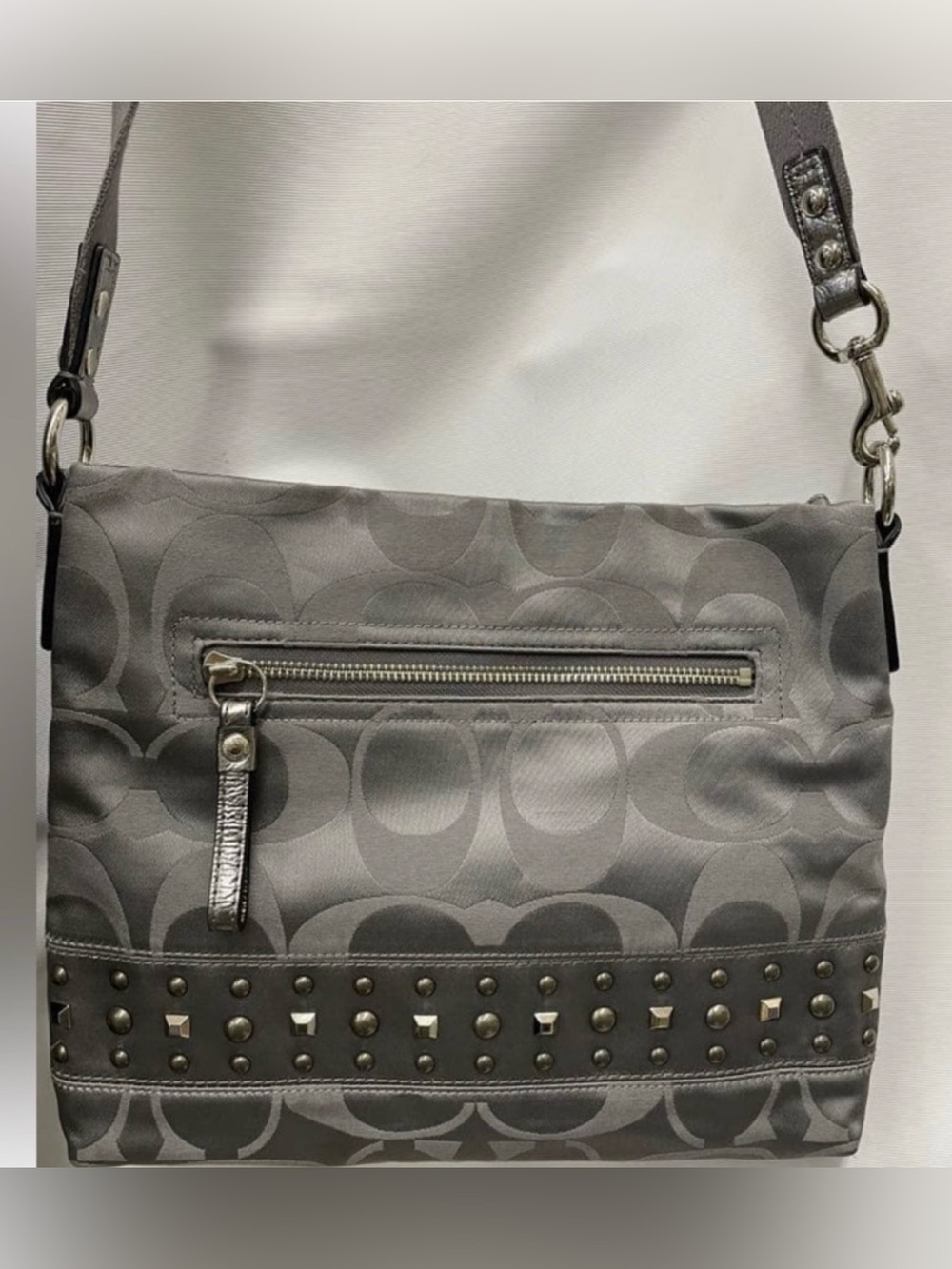 Coach Gray Signature Crossbody Bag with Stud Accents